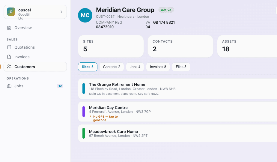 Opscel customer detail — multi-site management