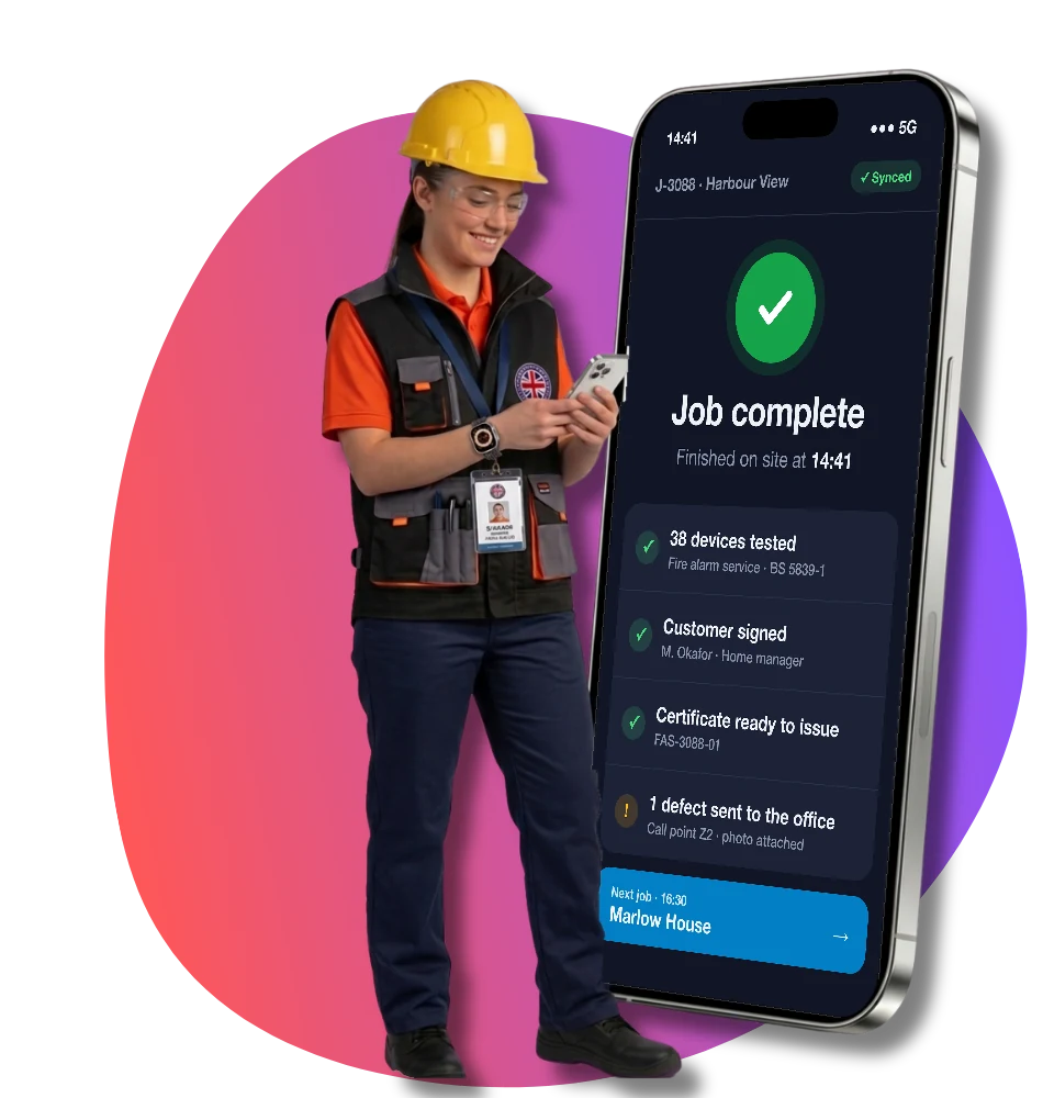 A fire safety engineer next to the Opscel field app, showing a fire alarm service completed on site at 14:41