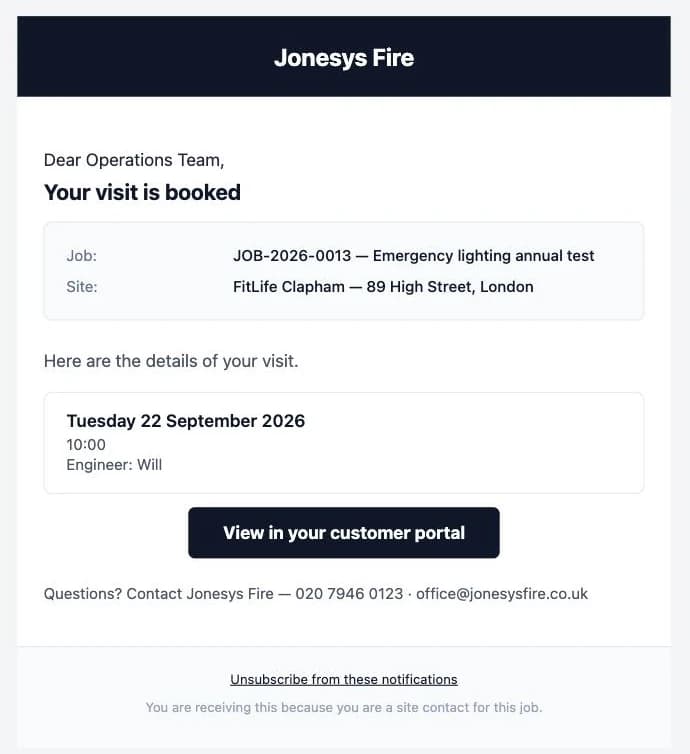 The "Your visit is booked" email a customer receives, rendered from the real template