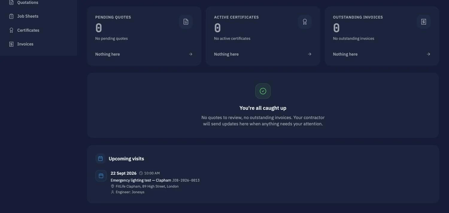 Customer portal dashboard with pending quotes, certificates, invoices and an upcoming visit