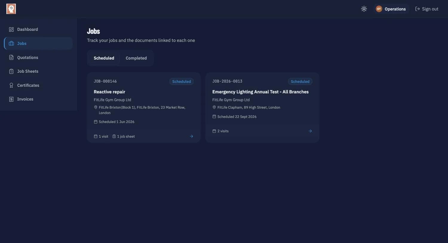 Customer portal jobs list with Scheduled and Completed tabs